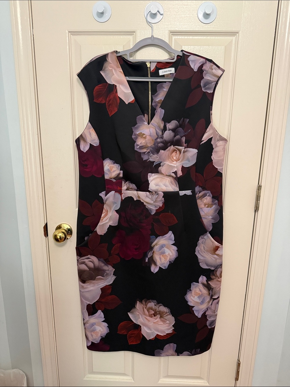 Calvin Klein Black Midi Sheath Dress with Burgundy & Blush Floral Print